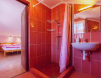 indoor, wall, sink, floor, plumbing fixture, bathtub, shower, tap, mirror, red, bathroom accessory